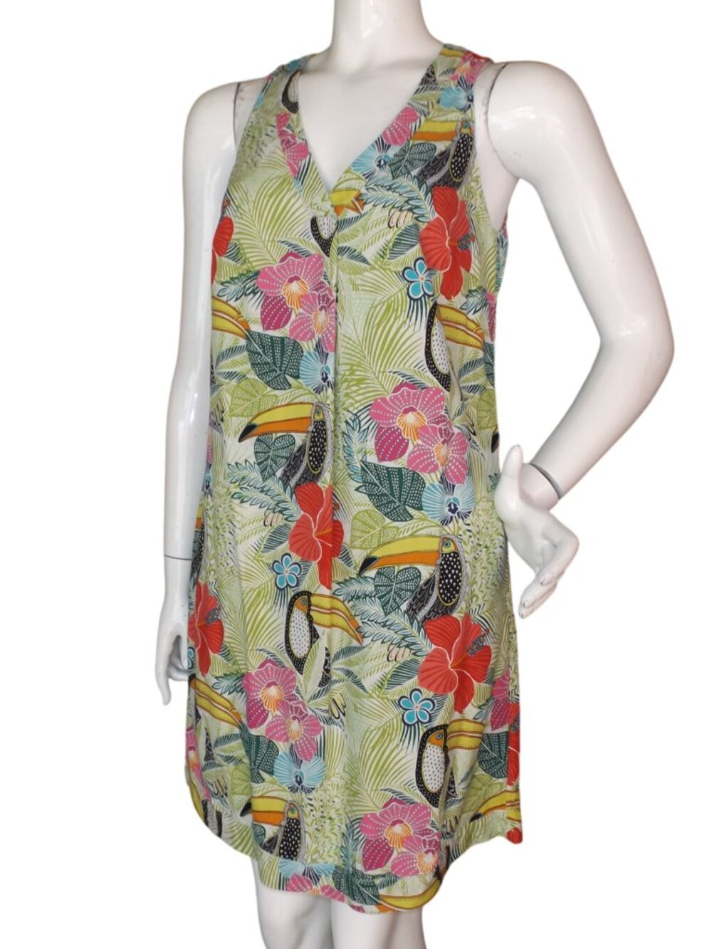 TOMMY BAHAMA Silk Dress, S, V-neck, Short, Pockets, Bold Color Toucan Floral - Picture 5 of 13